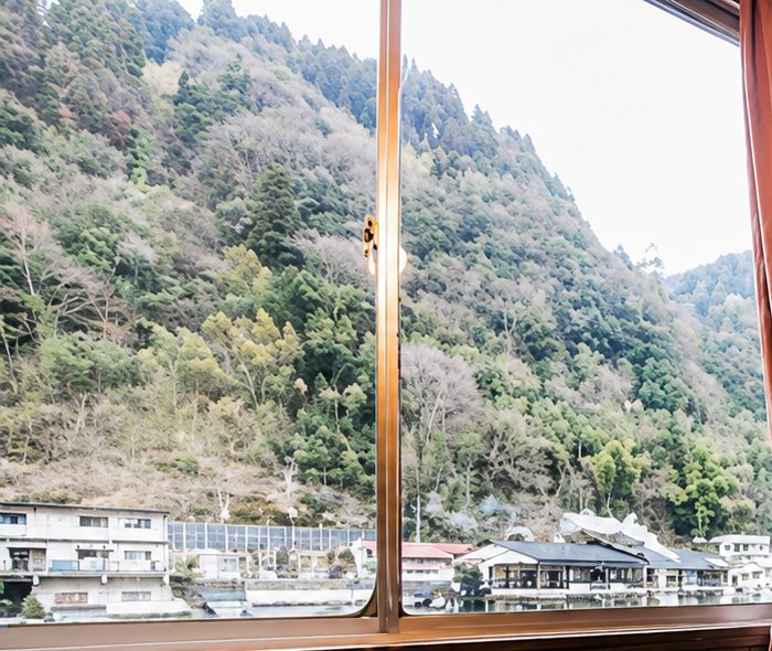 窓の外に広がる山の斜面の緑と、ふもとの町並み。